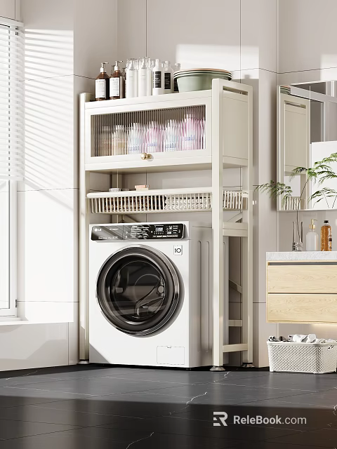 White Bathroom Cabinet Rack With Washing Machine And Storage Shelves 3d model 