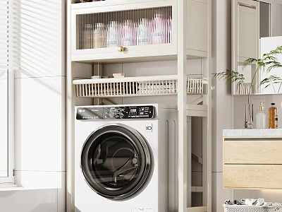 White Bathroom Cabinet Rack With Washing Machine And Storage Shelves 3d model