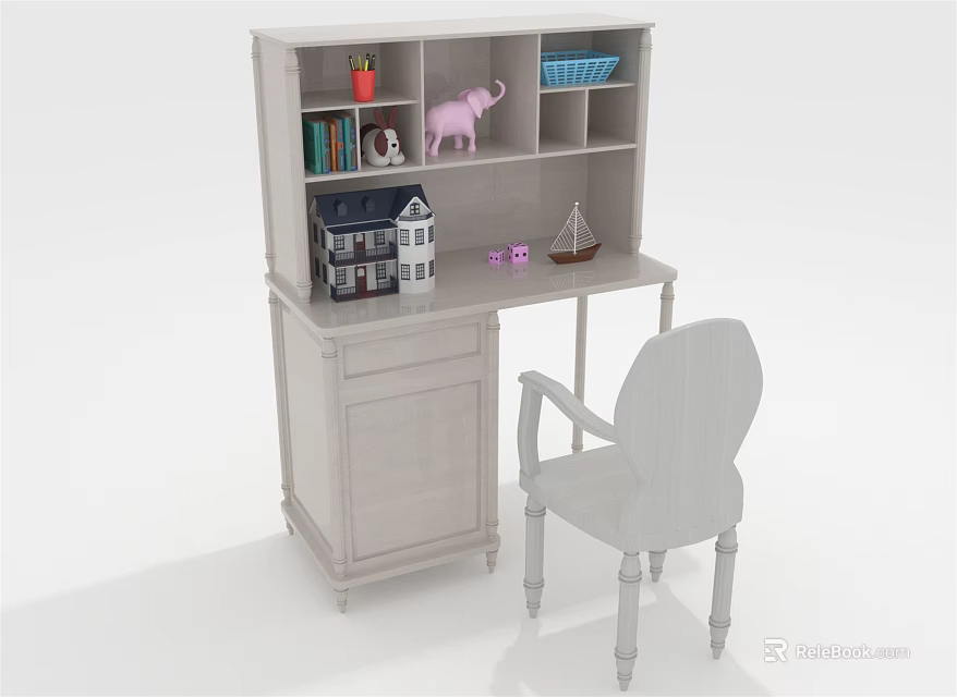 Classic Wooden Desk With Bookshelf Matching Chair And Decorative Models 3d model 