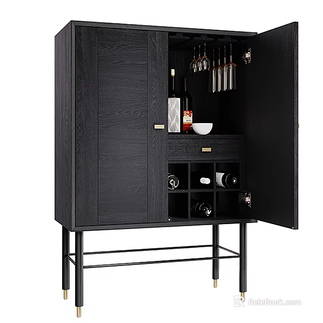 Modern Black Wine Cabinet With Hanging Wine Glasses Wine Bottles And Metal Frame 3d model 