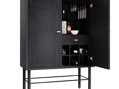 Modern Black Wine Cabinet With Hanging Wine Glasses Wine Bottles And Metal Frame 3d model