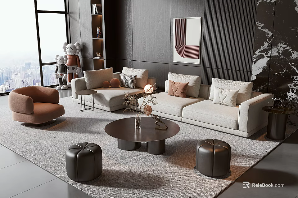 Modern Light Beige Sofa And Coffee Table Set With Decorative Pillows Round Ottomans 3d model 