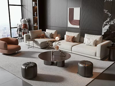 Modern Light Beige Sofa And Coffee Table Set With Decorative Pillows Round Ottomans 3d model