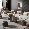 Modern Light Beige Sofa And Coffee Table Set With Decorative Pillows Round Ottomans