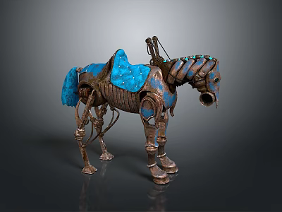 Steampunk Mechanical Horse Statue With Blue Saddle And Metal Structure 3d model