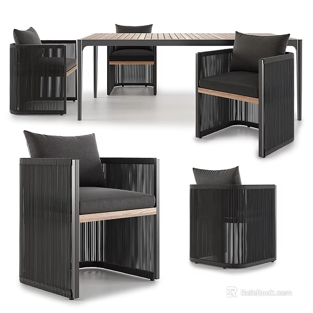 Modern Dining Table Set With Black Frame Wooden Seats And Striped Backrest Chairs 3d model 