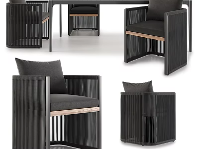 Modern Dining Table Set With Black Frame Wooden Seats And Striped Backrest Chairs 3d model