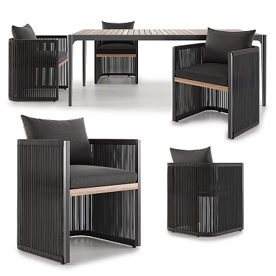 Modern Dining Table Set With Black Frame Wooden Seats And Striped Backrest Chairs 3d model