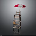 Wooden Multi Tiered Outdoor Furniture With Red And White Umbrella Seat And Storage Shelf