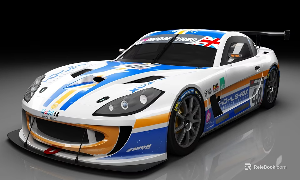 GT Racing Car With White Blue Yellow Stripes Sponsor Logos And Aerodynamic Design 3d model 