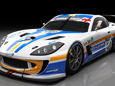 GT Racing Car With White Blue Yellow Stripes Sponsor Logos And Aerodynamic Design 3d model