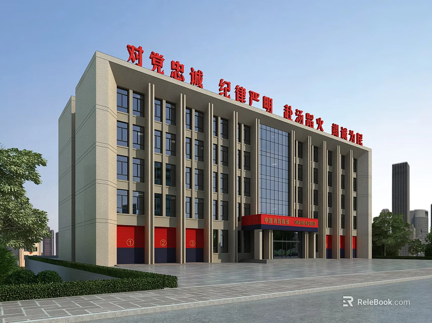 Modern Office Building With Red Signage Red Entrance And Surrounding Greenery Plaza Area 3d model 