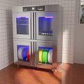 Cafeteria Stainless Steel Sterilizer With Blue Lighting And Colorful Plates On Tile Walls And Floor
