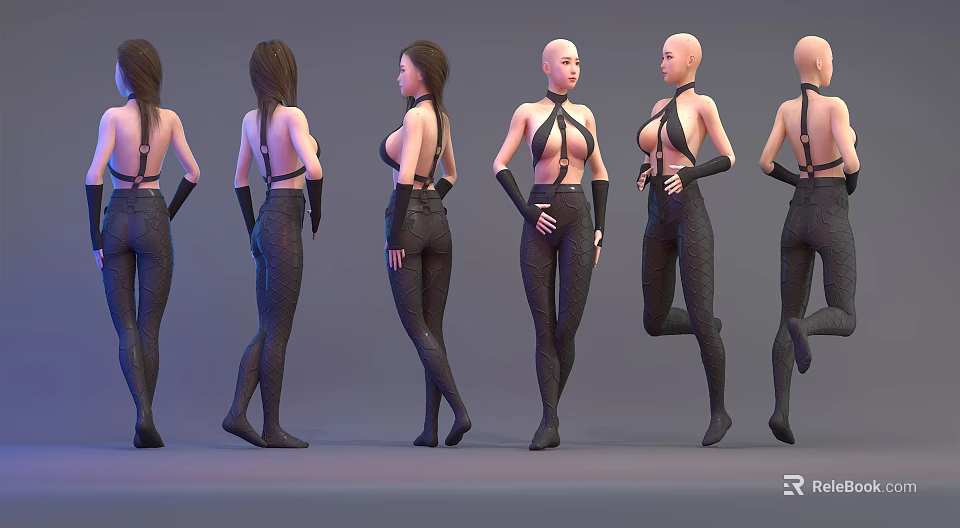 Female Models in Black Backless Tops Tight Pants and Gloves with Various Standing Poses 3d model 