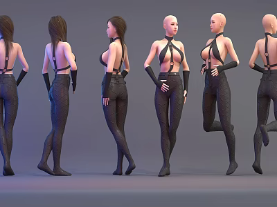 Female Models in Black Backless Tops Tight Pants and Gloves with Various Standing Poses 3d model
