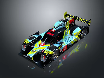 Blue And Yellow LMP Race Car Showcasing Aerodynamic Design Streamlined Body Rear Wing And Logos 3d model
