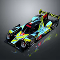 Blue And Yellow LMP Race Car Showcasing Aerodynamic Design Streamlined Body Rear Wing And Logos