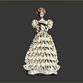 Porcelain Woman Figurine in Elegant White Ruffled Dress with Red Hair on Shiny Black Surface