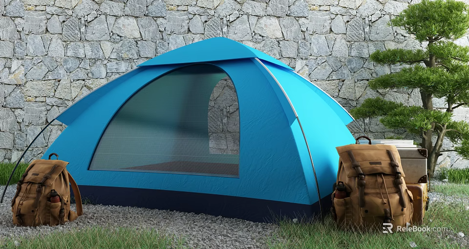 Blue Camping Tent With Mesh Window Near Stone Wall And Backpack On Grass 3d model 