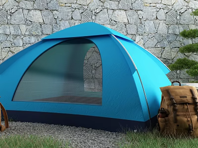 Blue Camping Tent With Mesh Window Near Stone Wall And Backpack On Grass 3d model