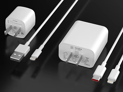 White Phone Chargers And Data Cables With USB Type C And Lightning Connectors 3d model