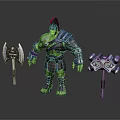 Game Movie Character Green Skinned Warrior In Gladiator Armor With Red Helmet Axe And Hammer