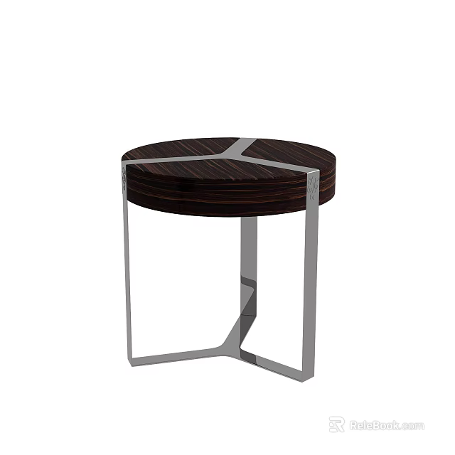 Modern Round Dark Brown Wooden Side Table With Silver Metal Frame Design 3d model