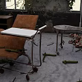 Abandoned Hospital Ward With Dilapidated Benches Bricks Debris On Floor And Vines Covering Walls