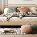 Serene Bedroom Interior With Wooden Bed Framed Artwork Striped Wall Rug And Bedside Tables