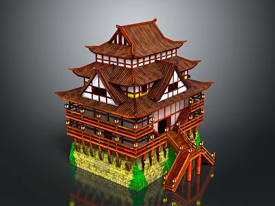 Exquisite Traditional Asian Architecture With Multi Tiered Roof Wooden Structure Green Base And Red Staircase 3d model