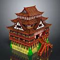Exquisite Traditional Asian Architecture With Multi Tiered Roof Wooden Structure Green Base And Red Staircase