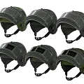 Multiple Protective Tactical Helmets With Visors And Camouflage Dark Color Designs