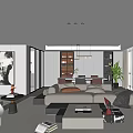 Modern Living and Dining Room With Sofa Coffee Table Floor to Ceiling Windows and Artwork