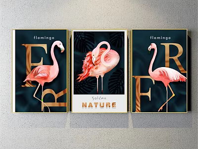 Flamingo Animal Paintings Set of Three with Dark Background and Golden Letters 3d model