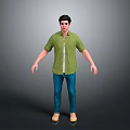 Man In Green Shirt Blue Jeans And Beige Shoes Standing