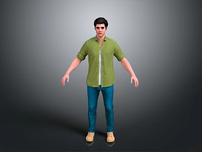 Man In Green Shirt Blue Jeans And Beige Shoes Standing 3d model