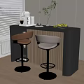 Modern Bar Counter with Bar Stools Coffee Machine Plant Vase Fruits Blinds and White Cabinets