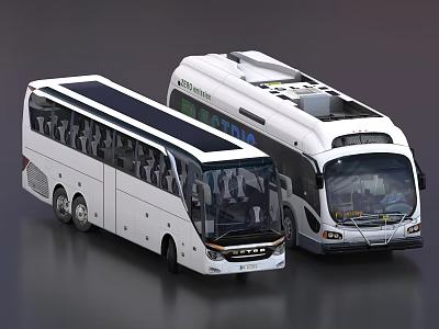 Two Modern White Buses With Sleek Designs On Dark Surface 3d model