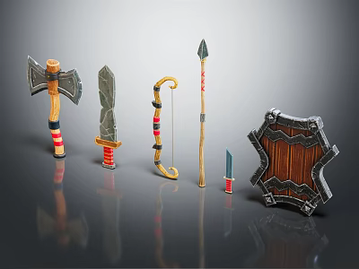 Collection of Medieval Weapons with Traditional Design Including Axe Sword Bow Arrow and Shield 3d model