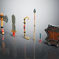 Collection of Medieval Weapons with Traditional Design Including Axe Sword Bow Arrow and Shield
