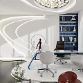 Modern Open Office Interior With Glass Desk White Chairs Blue Accents Bookshelf And Floor-to-Ceiling Windows