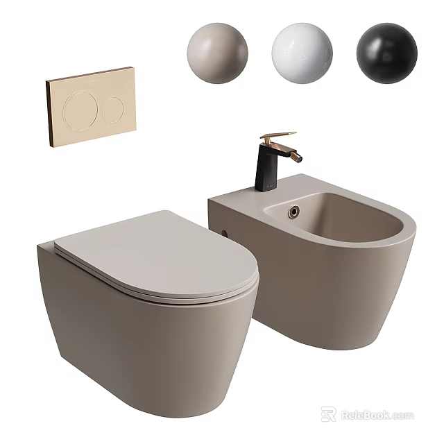 Stylish Bathroom Accessories Set With Toilet Bidet Brass Faucet And Round Panels 3d model 