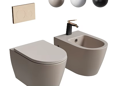 Stylish Bathroom Accessories Set With Toilet Bidet Brass Faucet And Round Panels 3d model