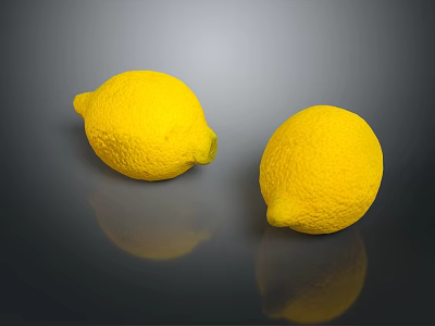 Two Fresh Ripe Yellow Lemons on Dark Surface with Shiny Reflections 3d model