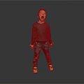 Child In Black Sweater Camouflage Pants Yellow Shoes Open Mouth Outstretched Hands Gray Background