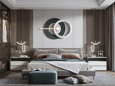 Modern Bedroom Interior Design With Circular Decorative Wall Art Nightstands And Ottoman 3d model