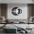 Modern Bedroom Interior Design With Circular Decorative Wall Art Nightstands And Ottoman