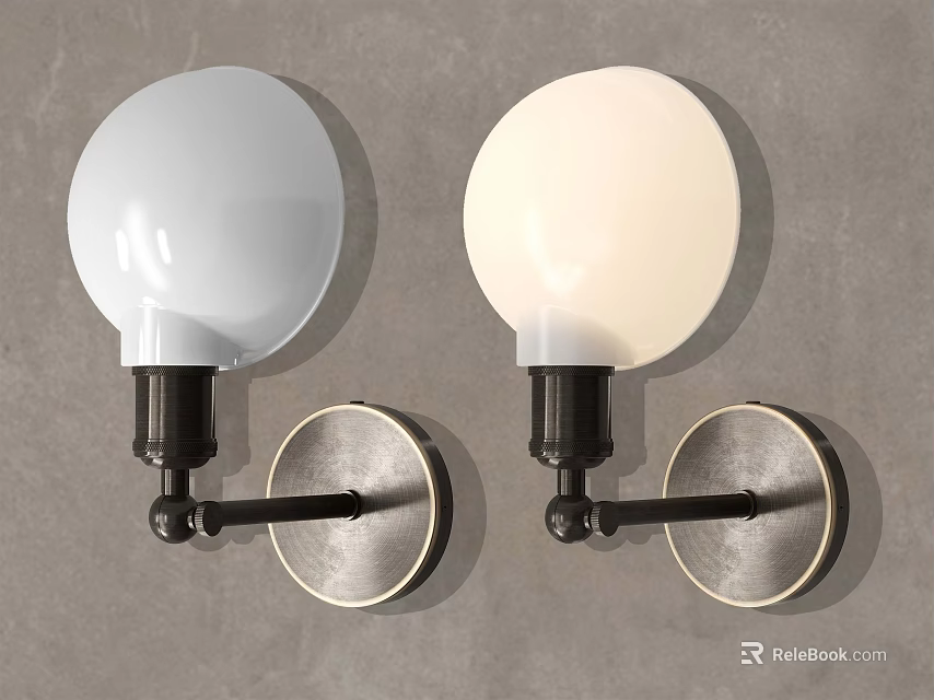 Modern Wall Lamps with White Globe Shades Black Metal Brackets Circular Base 3d model 