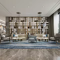 Modern Hotel Lobby Interior With Marble Floor Hanging Pendant Lights Front Desk And Decorative Paintings