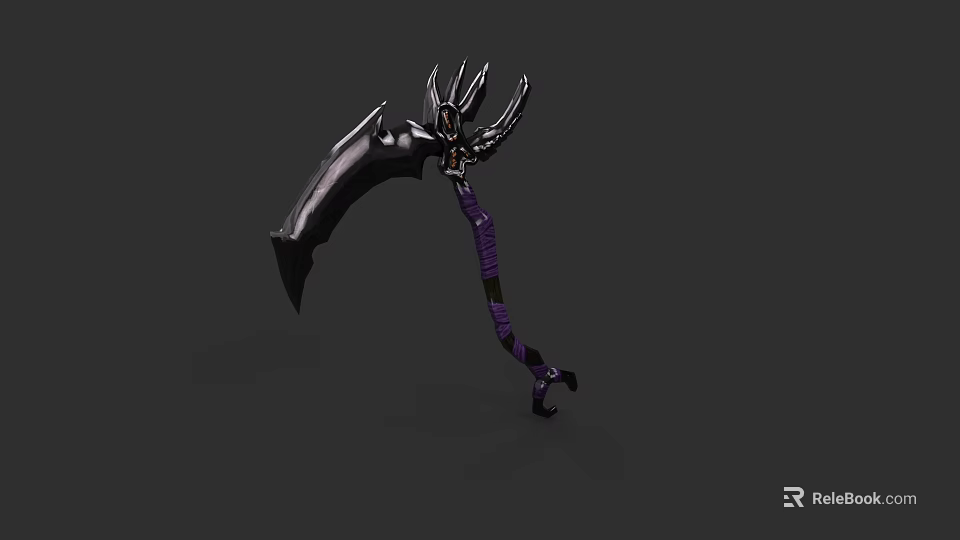 Black Curved Scythe Weapon With Purple Wrapped Handle And Metallic Decorative Details 3d model 